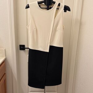 DKNY Cream and Black One-Shoulder Colorblock Sheath Dress
